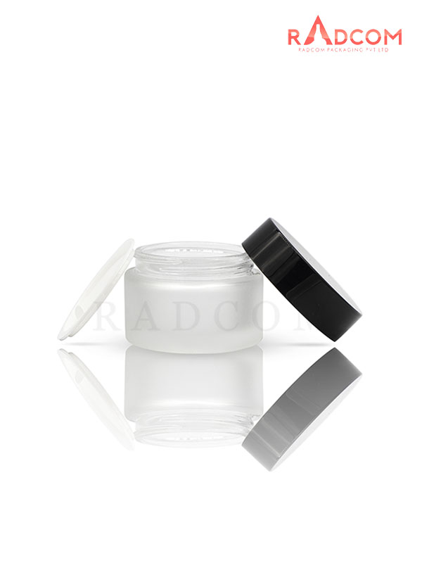 15GM Frosted Glass Jar with Black Cap with Lid & Wad